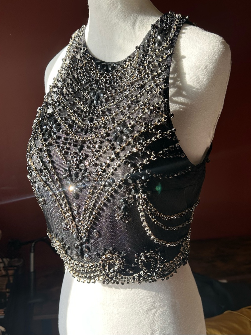 Y2K McBling Black Beaded Rhinestone Open Back Festival Crop Top